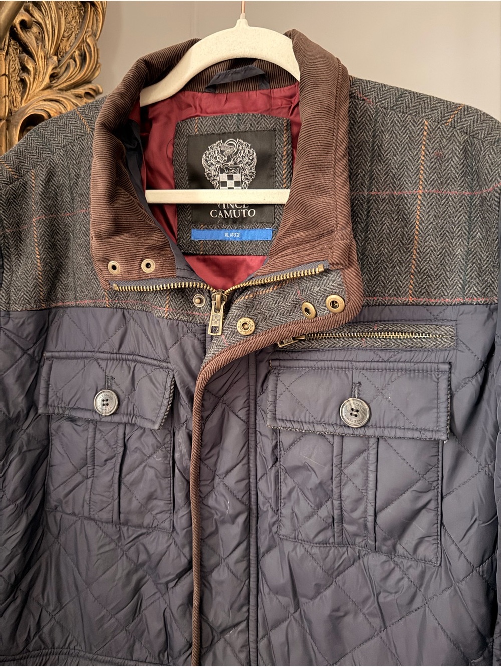 Vince Camuto Navy Quilted Jacket with Brown Corduroy Trim